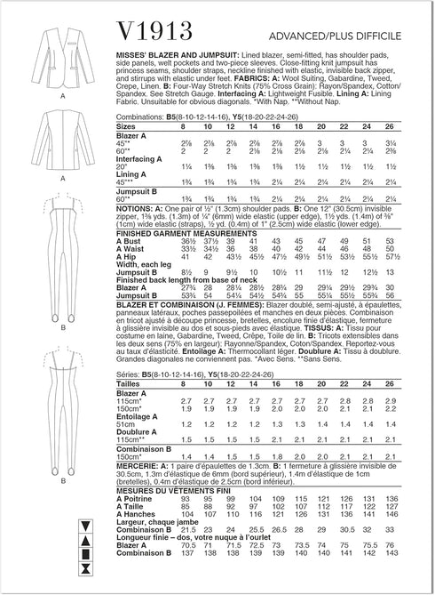 Vogue Misses' Blazer and Jumpsuit Sewing Pattern Kit, Design Code V1913, Sizes 18-20-22-24-26...