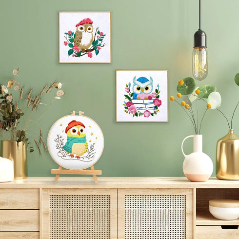 ASTNIC Embroidery Kit for Beginners, 3 Sets Owl Hand Embroidery Kit with Hoop Needle Video Step by Step Instructions DIY Knitting Kit Arts and Cra...