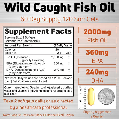 Fish Oil 2000mg - Wild Caught Omega 3 Fish Oil, 120 Softgels - Non-GMO, Gluten Free, Keto Friendly, 60 Servings...