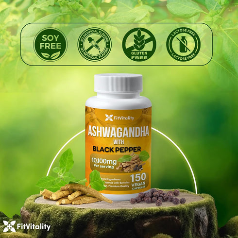 Ashwagandha Capsules, 150 Vegan Capsules, 10,100 Mg per Capsule – 100% Natural Ashwagandha Root Extract Powder and Black Pepper Extract, Non-GMO, ...