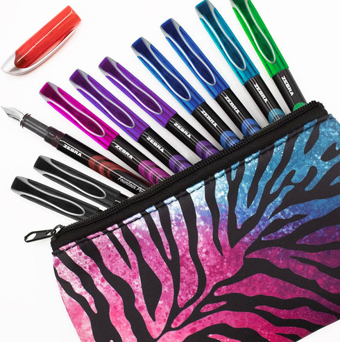 Zebra Fuente - Disposable Fountain Pen - Coloured Ink - Pack of 10 - Includes Pink & Blue Striped Pencil Case...