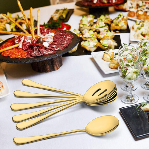 LIANYU 2 Gold Serving Spoons, 2 Gold Slotted Serving Spoons, 2 Gold Serving Forks, 8 3/4 Inch Stainless Steel Buffet Catering Party Banquet Servin...