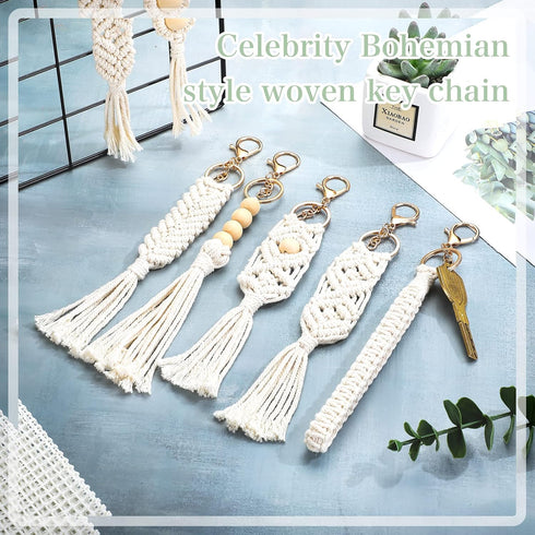 Junkin 16 Pack Mini Macrame Keychains Cute Boho Macrame Bag Charms Handcrafted Aesthetic Boho Car Accessories Boho Keychain for Women Tassel Keych...