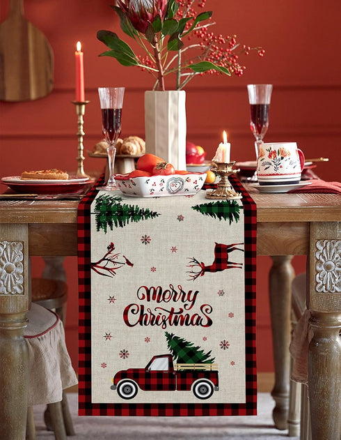 Christmas Truck Cotten Linen Table Runners 90 Inches Long, Red Buffalo Plaid, Non-Slip Burlap Table Cloth Runner for Home/Dining/Wedding/Party/Hol...
