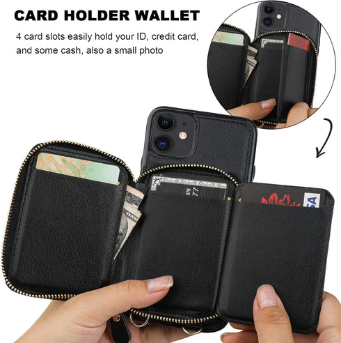 Bocasal RFID Blocking Wallet Case for iPhone 11, Adjustable Crossbody Zipper Purse Case Card Holder with Kickstand Detachable Wrist Strap, PU Leat...