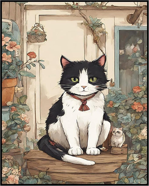 Posterizer 1 pcs- Black and white cat sitting next to its kitten-Art for Animal Lovers-Floral Botanical Art - Gift for Men Women Teens-Decor for B...