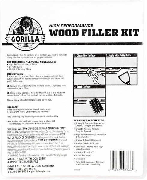 Gorilla All Purpose Wood Filler Wood Repair Kit with Putty Knife and Sanding Block...
