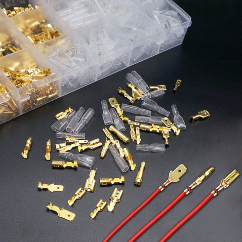 Twidec/640Pcs 2.8/4.8/6.3mm Quick Splice Male and Female Wire Spade Connector Crimp Terminal & Bullet Connectors Terminals Crimp Block Kit Golden ...