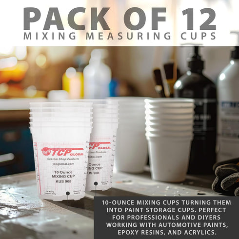 Custom Shop Paint Mixing Cups, 10-Ounce (12 Pack) - Plastic Measuring Cups for Liquids, Automotive Painting, Epoxy Resin, Acrylic Arts, Crafts, Di...