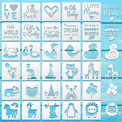30 Pack Cute Baby Shower Stencils for Onesie Decorating Kit, Reusable Animal Themed Templates Shirt Fabric Stencils for Boy Girl Bodysuit Bibs Bag...