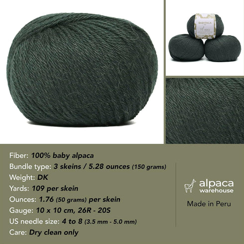 100% Baby Alpaca Yarn Wool Set of 3 Skeins DK Weight - Made in Peru - Heavenly Soft and Perfect for Knitting and Crocheting (Forest Green, DK)...