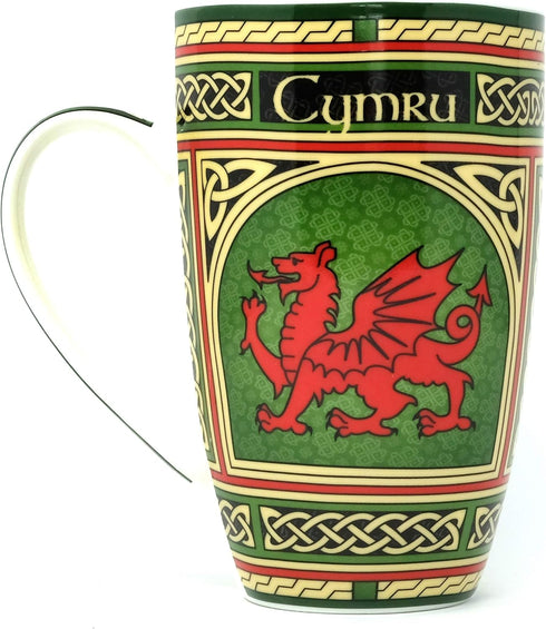 Clara Craft Wales Porcelain Coffee Mug - Welsh Red Dragon Porcelain Cup with Irish Celtic Knots Design, Made of New Bone China 400ml/14fl oz...