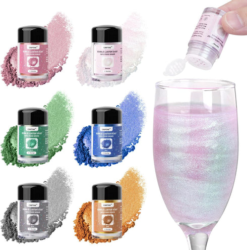CRPTHE 6 Colors Luster Dust Edible Set, Edible Glitter for Cocktails, Food Grade Glitter Shimmer Sprinkle Powder for Drinks, Baking, Beverages, Ca...