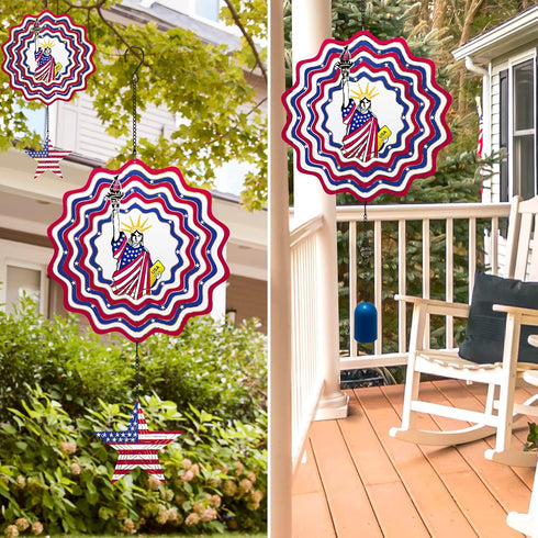 12 Inch 3D Patriotic Wind Spinner for Yard and Garden Outdoor Décor,3D Kinetic Metal Wind Sculptures,12 Inch Red White & Blue Statue of Liberty De...