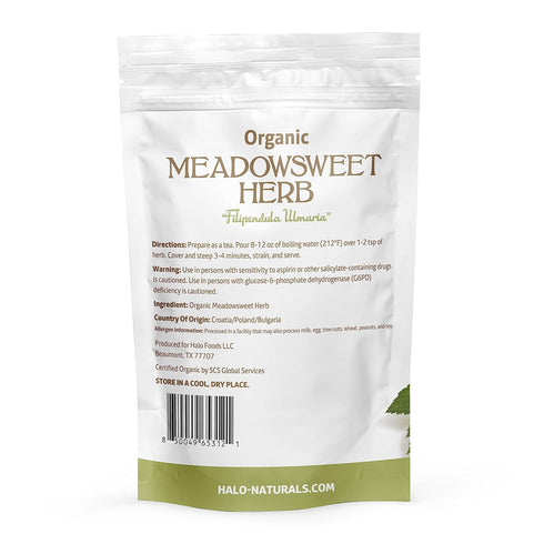 Halo Naturals Organic Meadowsweet Herb Cut & Sifted, 4 Ounces (Filipendula ulmaria) USDA Certified | Resealable Pouch| Packaged in The USA (Pack o...