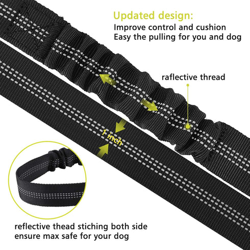4.0 FT Bungee Dog Leash for Small, Medium and Large Dogs, Reflective Pet Training Long Traffic Leash with Car Seat Belt. (SMALL, BLACK)...