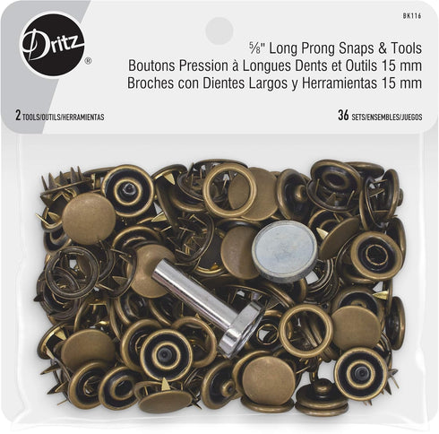 Dritz Long Prong 5/8in Antique Brass Includes Snaps & Tools Fasteners, 5/8", 36 Sets...