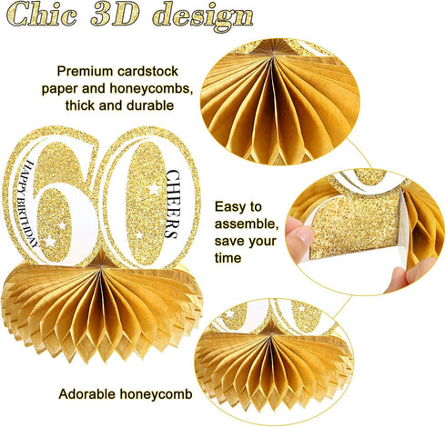 8 Piece 60th Birthday Decoration for Men Women 60th Birthday Centerpieces Honeycomb Table Centerpieces Cheers to 60 Years Table Toppers for Sixty ...