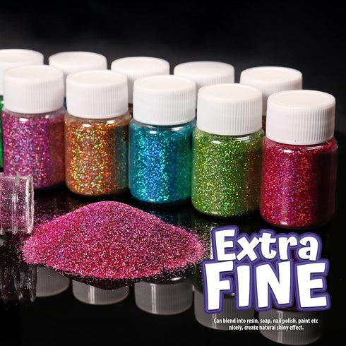 LEOBRO Holographic Fine Glitter, 15 Colors Fine Glitter for Crafts, Resin, Jewelry Art Crafts Making, Nail Body, with 10 PCS Stir Spoons...