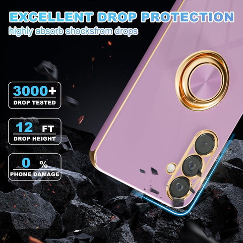 for Samsung Galaxy S23 FE Case,+Screen Protector,with Magnetic Kickstand,Built-in 360° Rotation Ring Holder,Plating Gold Edge Slim Soft TPU Shockp...