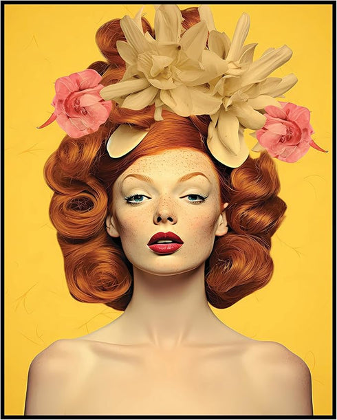 Posterizer 1 pcs-redhead woman with flowers in her hair collage-Floral & Botanical Art-Retro Art-Gift for Art Lovers-Decor for Home & Office- UNFR...