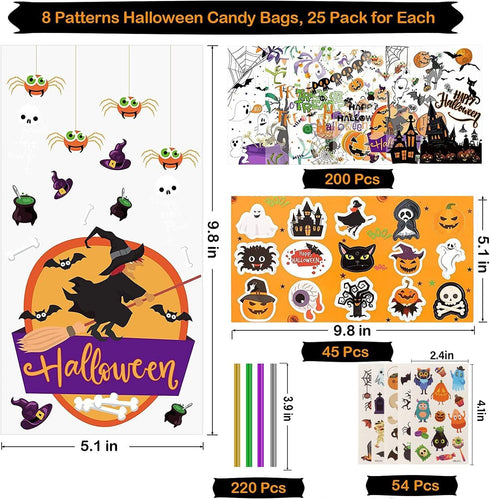 HalloweenCandy Bags Treats Bags, 200 PCSHalloween Cellophane Bags for Kids Treat or Trick Party Supplies, 8 Styles HalloweenGoodies Bags Gift Bags...