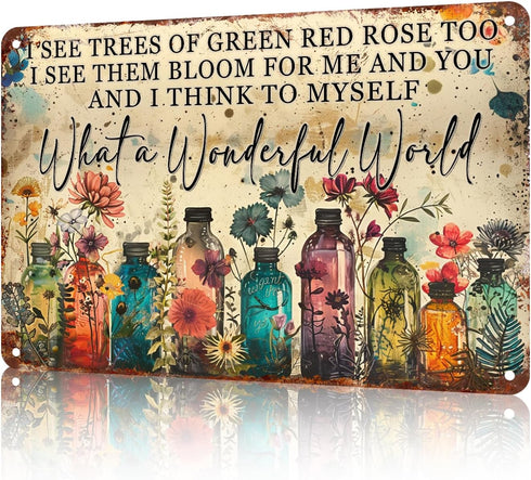 macago Dragonfly What A Wonderful World Flowers Funny Metal Tin Sign Wall Decor I See Trees of Green Red Rose Retro Tin Sign 8 x 12 Inch...