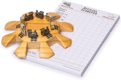 Yellow Mountain Imports Mexican Train Dominoes Accessory Set (5.8-Inch Wooden Hub Centerpiece, Die-Cast Metal Train Markers, and 60-Sheet Scorepad...