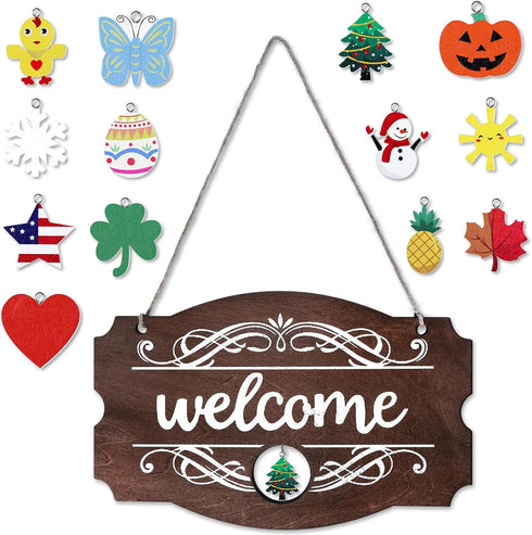 Jetec Interchangeable Seasonal Welcome Sign Front Door Decor, Rustic Wood Wall Hanging Outdoor, Farmhouse, Porch, for Spring Summer Fall Holiday H...