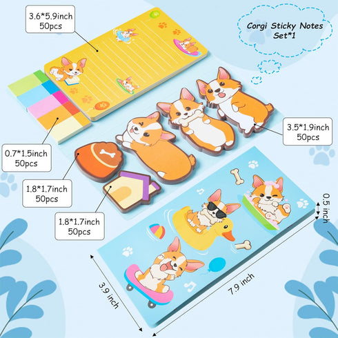 Corgi Sticky Notes Set - 550 Sheets Blue Corgi Self-Stick Notes Pads, Self-Adhesive Cute Corgi Lovers Separation Tabs Writing Memo Pages Notes for...