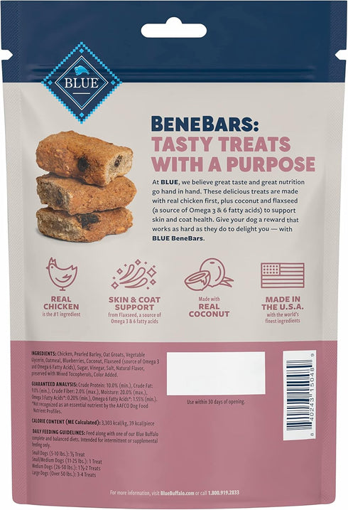 Blue Buffalo Benebars Natural Dog Treats, Skin and Coat Support, Chicken and Coconut, 9oz Bag...