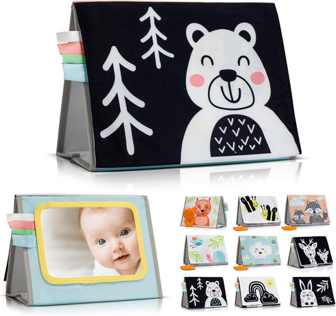 ZICOTO Soft Tummy Time Book with Large Stimulating Baby Safe Mirror - High Contrast Montessori Sensory Developmental Toy for Newborn/Infant 0-3 & ...