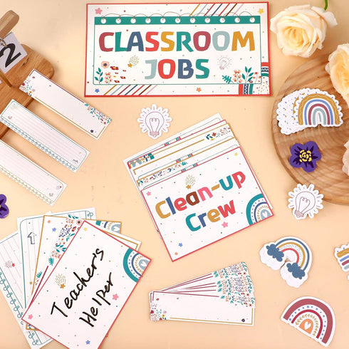 104 Pcs Classroom Jobs Bulletin Board Set Rainbow Bulletin Board Class Jobs Chart Set Cutout Teacher's Helper Chalkboard Decor for for School Wall...