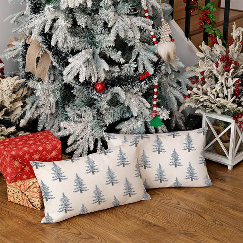 Christmas Pillow Covers 12x20 Inch Set of 2, Blue Xmas Trees White Farmhouse Decorative Throw Pillowcases for Home Sofa Couch Cushion Decoration G...