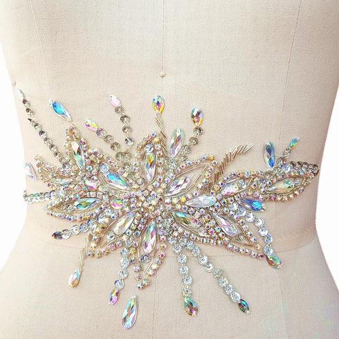 Exquisite Uniquely Pure Handmade AB Colour Bright Crystal Patches Sew-on Rhinestones Applique with Stones Sequins Beads for Wedding Dress DIY Manu...