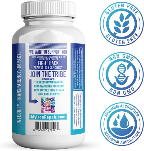 Iron Repair Simply Natural Iron Supplement, Best Absorption & Gentle on Stomach, Monash Low FODMAP, Raise Hemoglobin & Ferritin Iron Pills for Wom...