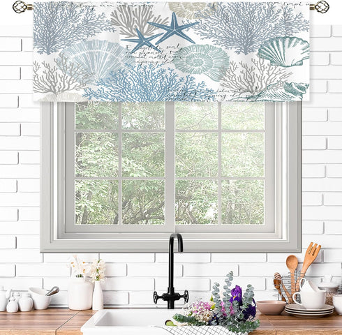 Ocean Beach Valances Kitchen Curtains Nautical Coastal Starfish Seashell Window Drapes Blue Sea Underwater Bedroom Bathroom Living Room Treatment ...