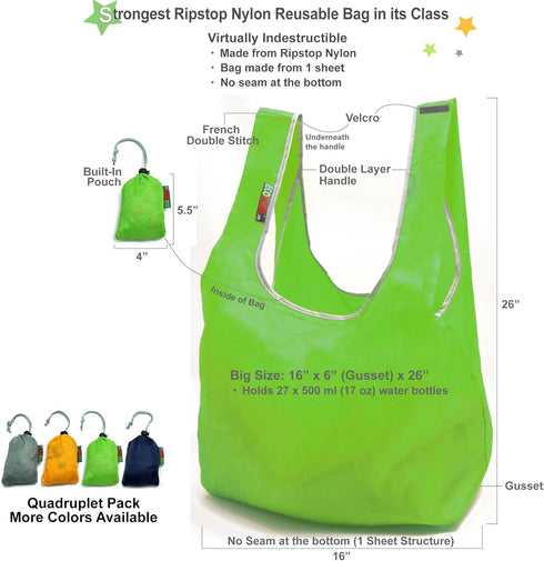 Ripstop Nylon Reusable Grocery Bag, Reusable Shopping Bag, RBS041 (Gray-Orange-Green-Navy)...