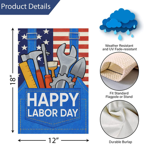 Louise Maelys Happy Labor Day Garden Flag 12x18 Double Sided Vertical, Burlap Small USA Garden Yard House Flags Banner Outdoor Outside Labor Day D...