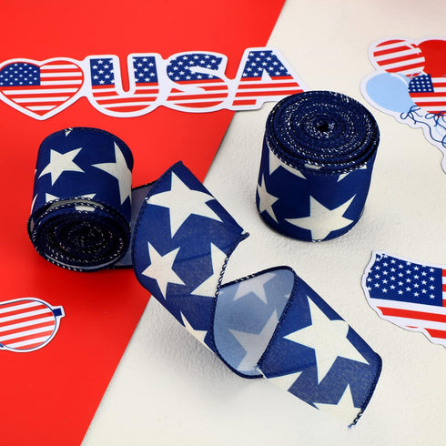 2 Rolls 20 Yard Star Blue Wired Edge Ribbon Patriotic Ribbon 2.5 Inch 4th of July Ribbon Beige Navy Blue DIY Crafts Ribbon for Party Decorations W...