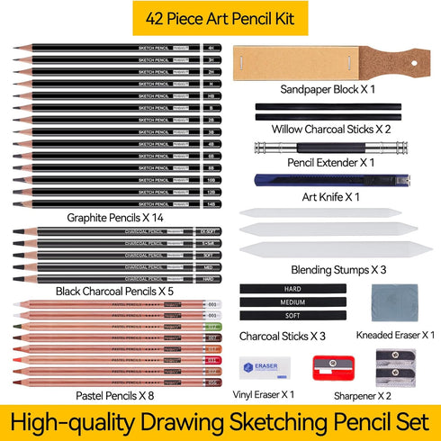 PANDAFLY Drawing Sketching Pencil Set, 42 Pack Pro Art Pencil Kit with Graphite Pencils (14B-4H), Charcoal Pencil, Ideal for Shading, Blending, Dr...