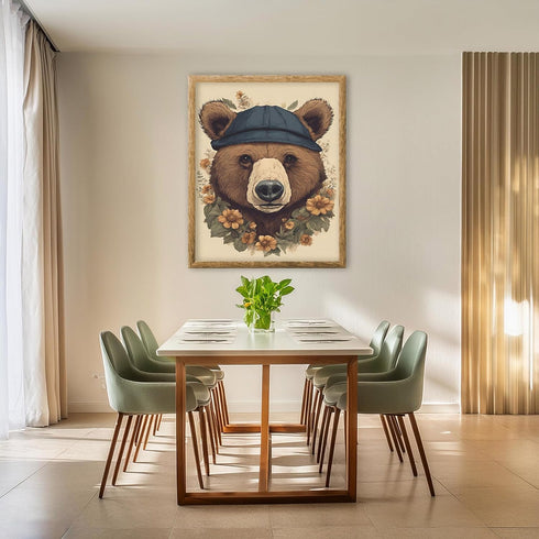 Posterizer 1 pcs- Brown bear with a hat and flowers-Art for Animal Lovers-Floral Botanical Art- Gift for Men Women Entrepreneur Teens-Decor for Ho...