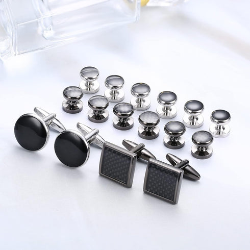 16 Pcs Cufflinks and Studs Set for Men Classic Tuxedo Shirt Cufflinks & Shirt Accessories Black&Silver Match for Business Wedding Formal Suit...