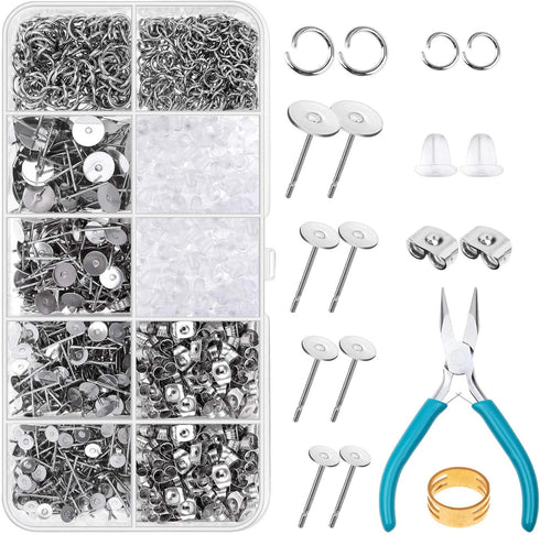 Caffox Hypoallergenic Earring Posts and Backs, 1800pcs Stainless Steel Stud Earring Kit with Earring Base Studs, Earring Backs and Jump Rings for ...