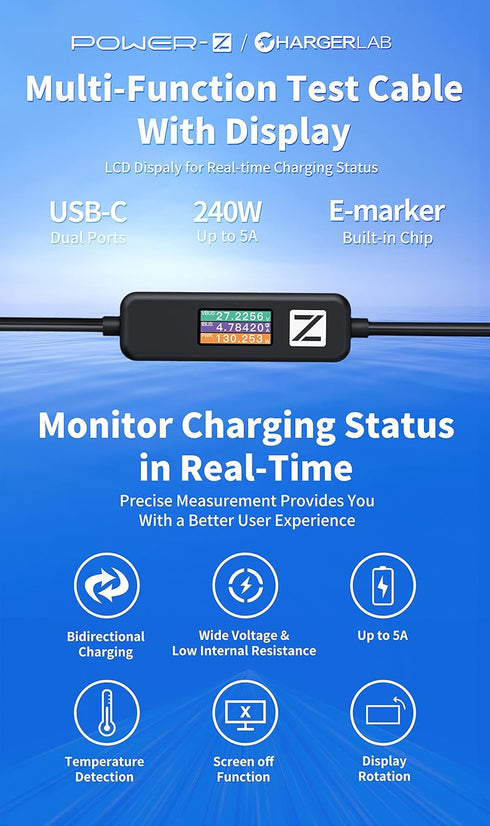 Power-Z AK001 Multi-Function 240W USB PD Charging Test Cable with Color Display Compatible with USB-C Devices (1.5M/5FT)...