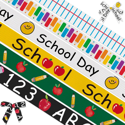 6 Rolls 18 Yards Back to School Ribbons, 3/8" School Day Grosgrain Ribbons Black Green Yellow Ribbons Apple Pencil ABC Gift Wrapping Ribbons for T...