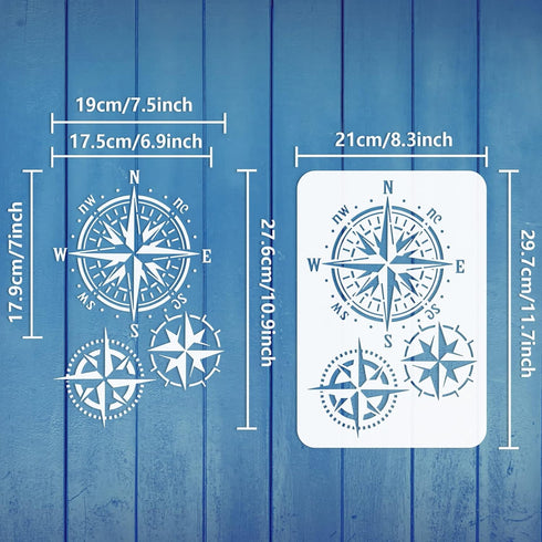FINGERINSPIRE Compass Painting Stencil 11.7x8.3 inch Hollow Out 3 Style Vintage Compass Craft Stencil Reusable Nautical Drawing Template for DIY S...