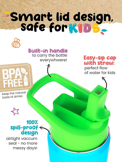 Kids Water Bottle - 12oz Purple | Leak Proof With Straw & Handle | 24 Hours Cold | Insulated, Double Wall Stainless Steel | Easy Sip Toddler Cup |...