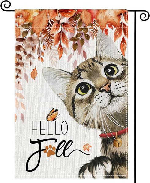Fall Cat Garden Flags 12x18 Inch Double Sided, Hello Fall Cat Maple Small Yard Flags Seasonal Decorations for Outdoor...