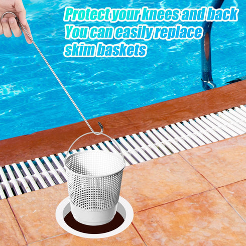 Pool Skimmer Basket Hook Tool, 13.78 Inch Long Stainless Steel Skimmer Strainer Basket Removal Handle Filter Lid Lifting Hook for Debris Remove Cl...